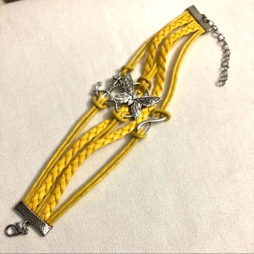 Yellow Braided PU Leather Wrap Charm Bracelet